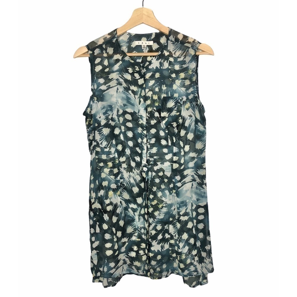 CAbi Blue & White Print Sheer Avery‎ Button Down Tunic Sleeveless Top S #416